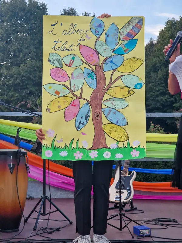 Menzione d'onore: un grande disegno tenuto in alto sul palco, un albero su fondo giallo con la scritta «L'albero dei talenti!», le foglie colorate piene di piccoli disegni e un prato fiorito alla base.